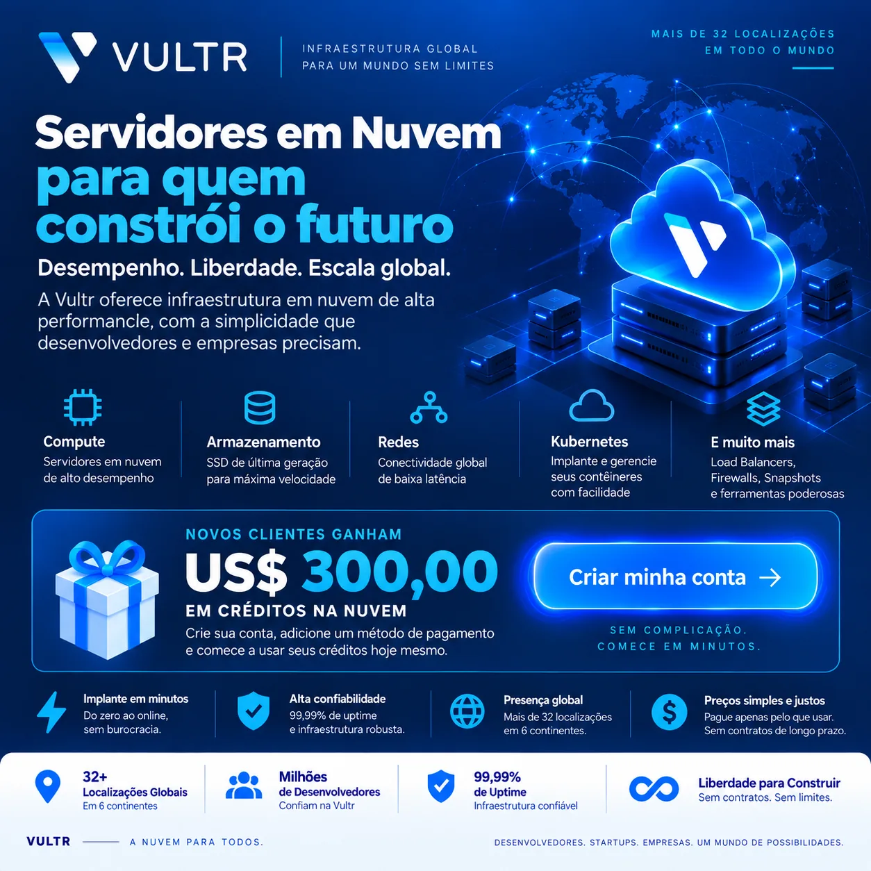 Vultr Cloud: US$ 300 em créditos para experimentar servidores cloud e infraestrutura em São Paulo